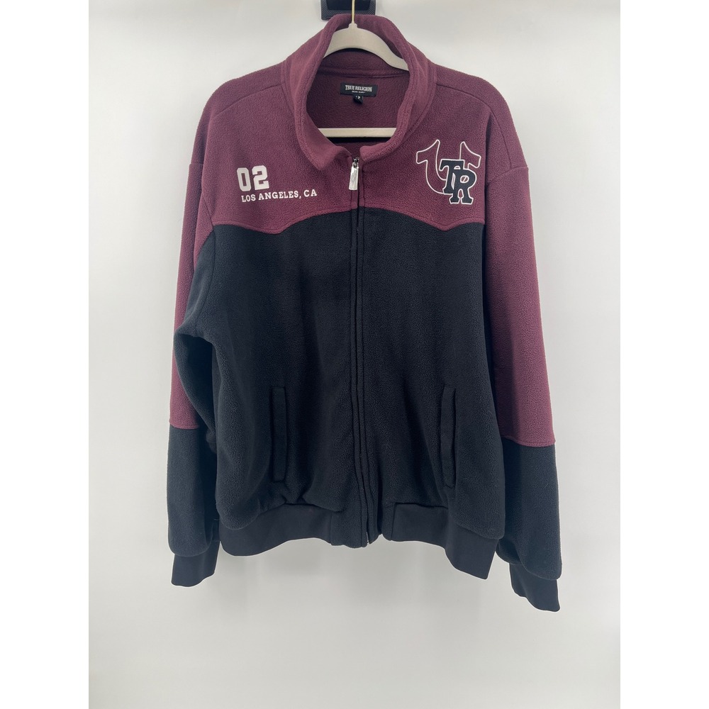 True Religion Mens Fleece Zip Up Jacket Colorblock Burgundy Black XL Los Angeles
